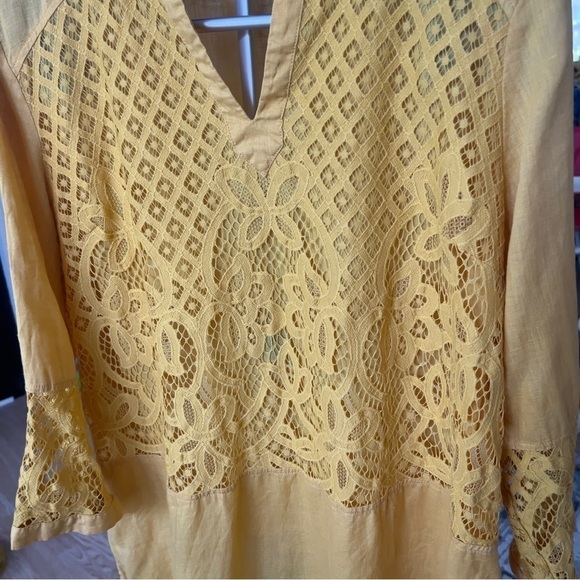 Chico’s Women’s 100% Linen Lace Yellow Mustard Tunic Top Blouse Shirt Sz 3 XL/16 - Picture 9 of 16